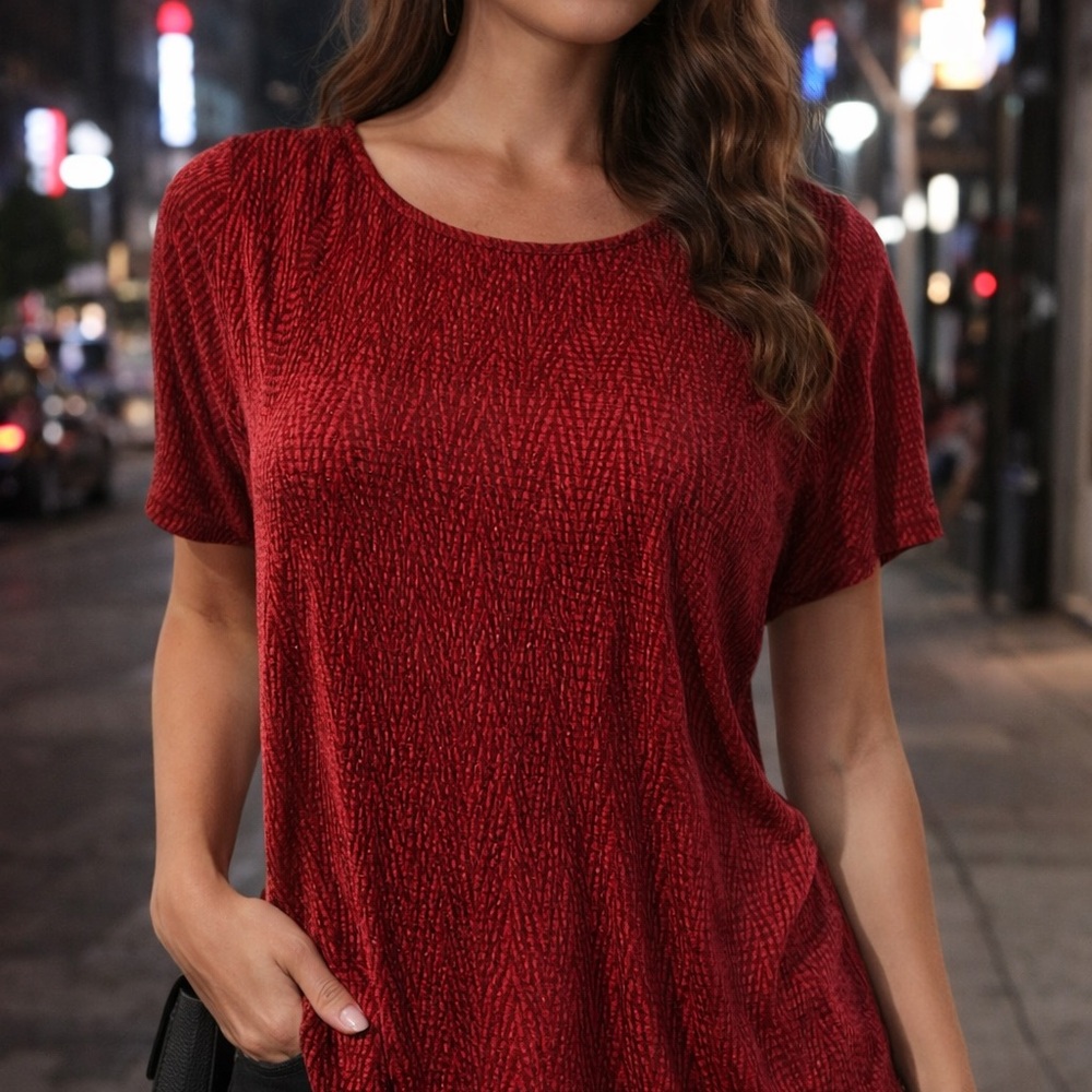 Tanjay Red Textured Short Sleeve Top Size M Crinkle Knit Blouse Casual Chic